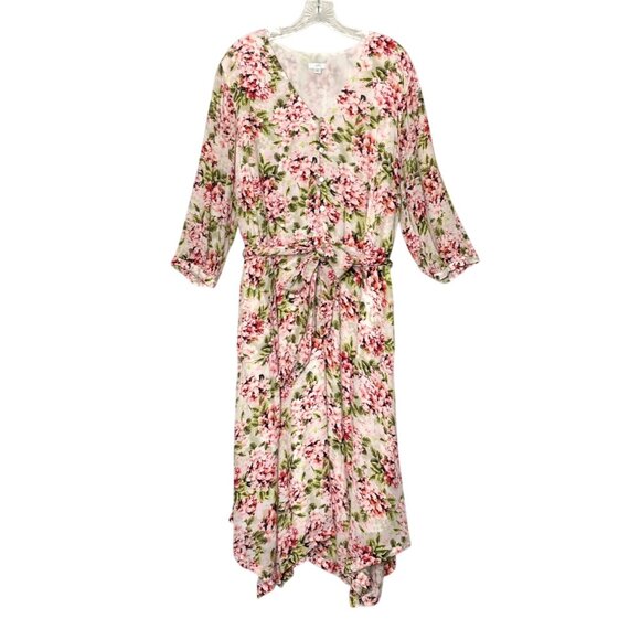 J. Jill Ivory Pebble Hydrangea Floral Printed Belted Waist Rayon Midi Dress 2X - Picture 1 of 10